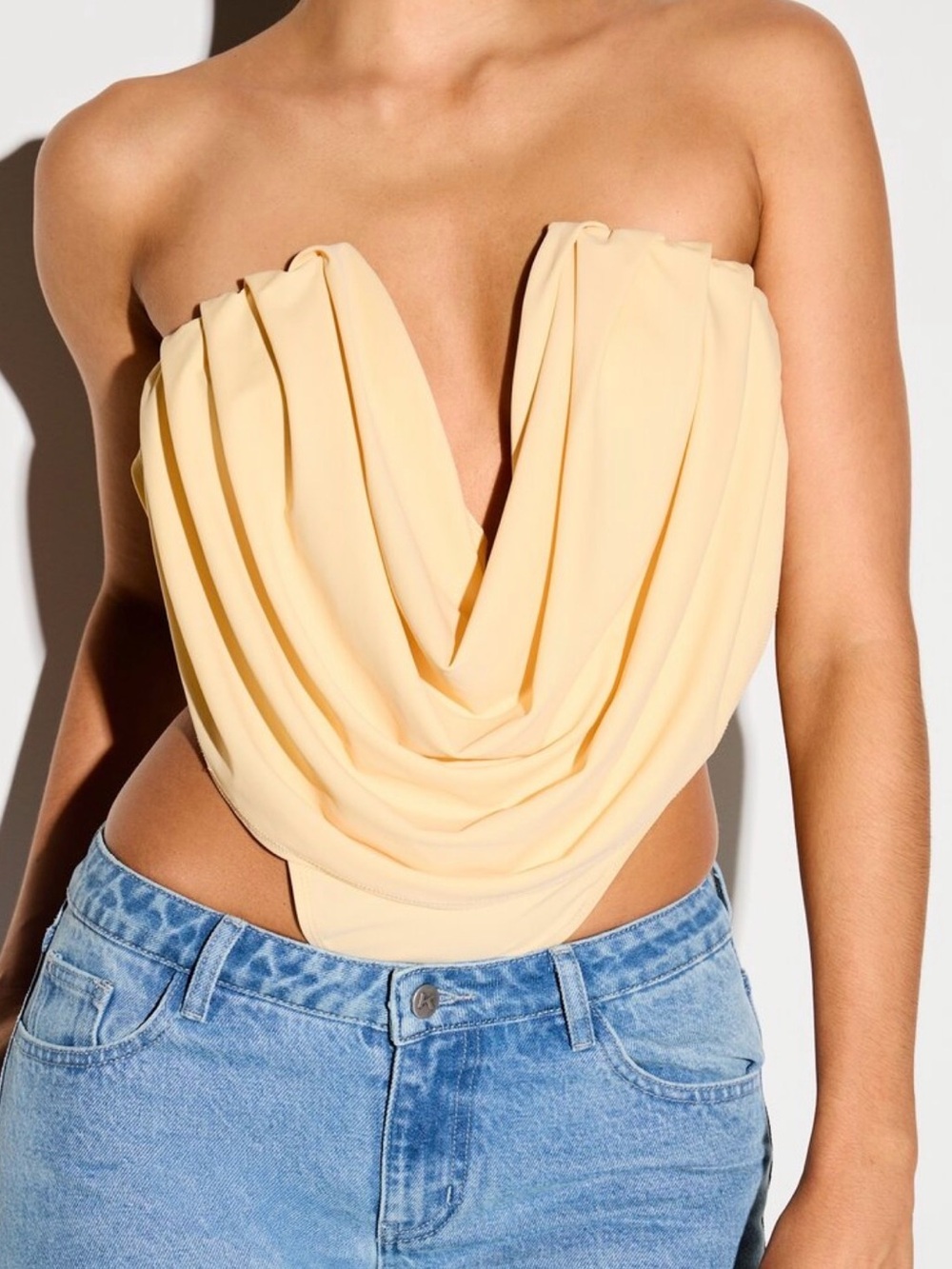 Strapless Cowl Neck Draped Bustier Bodysuit - Cream